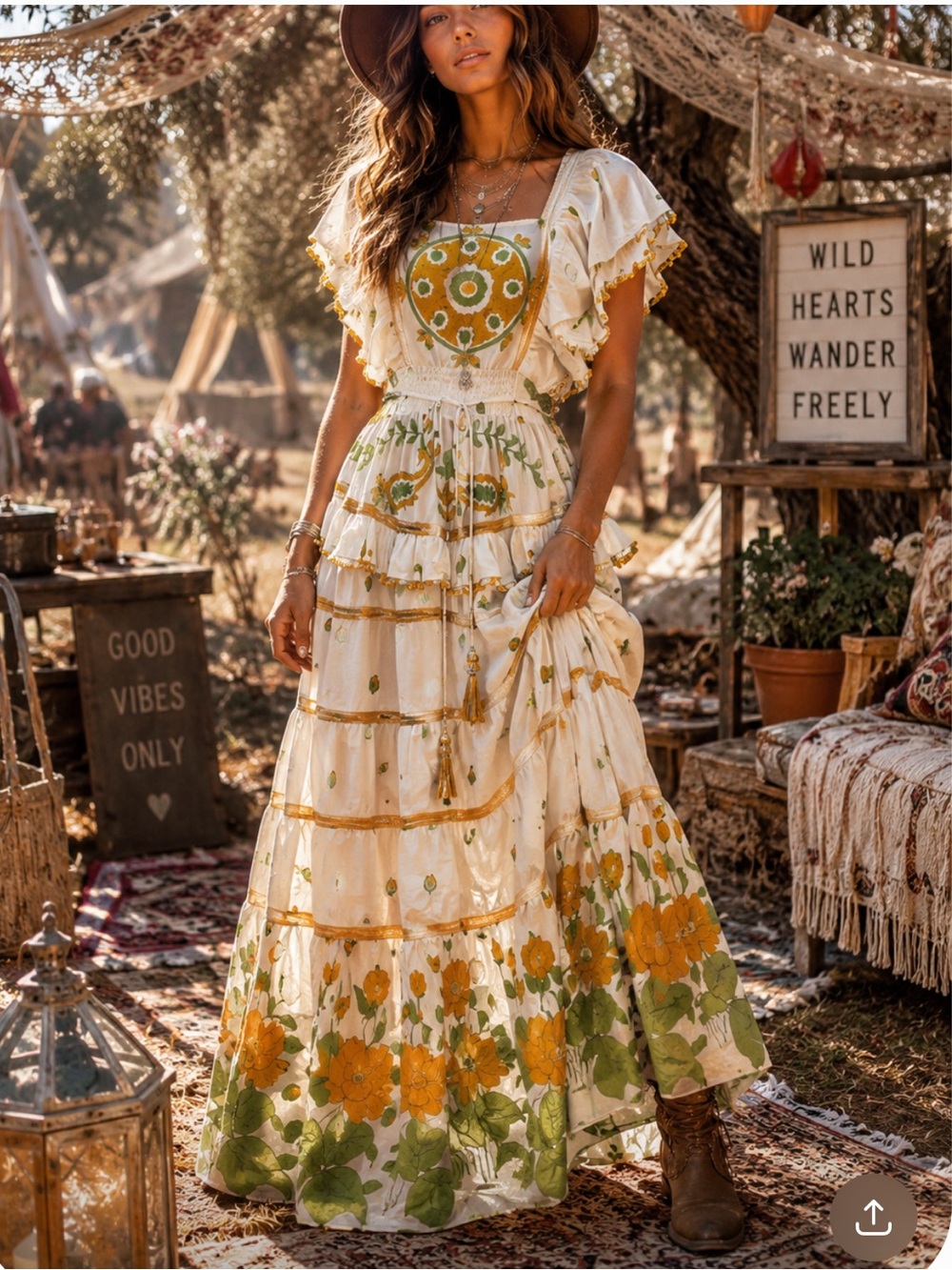 Bohemian White Maxi Dress with Yellow & Green Floral Embroidery